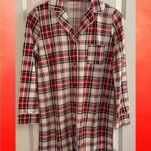 Tahari Notch Collar White / Holiday Plaid Sleepshirt Nightgown - NWT - Small